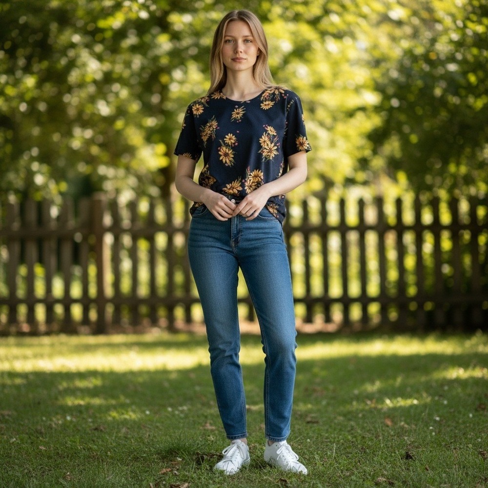 Sonoma Goods For Life Navy Blue‎ Sunflower Floral Everyday Tee Womens Size M